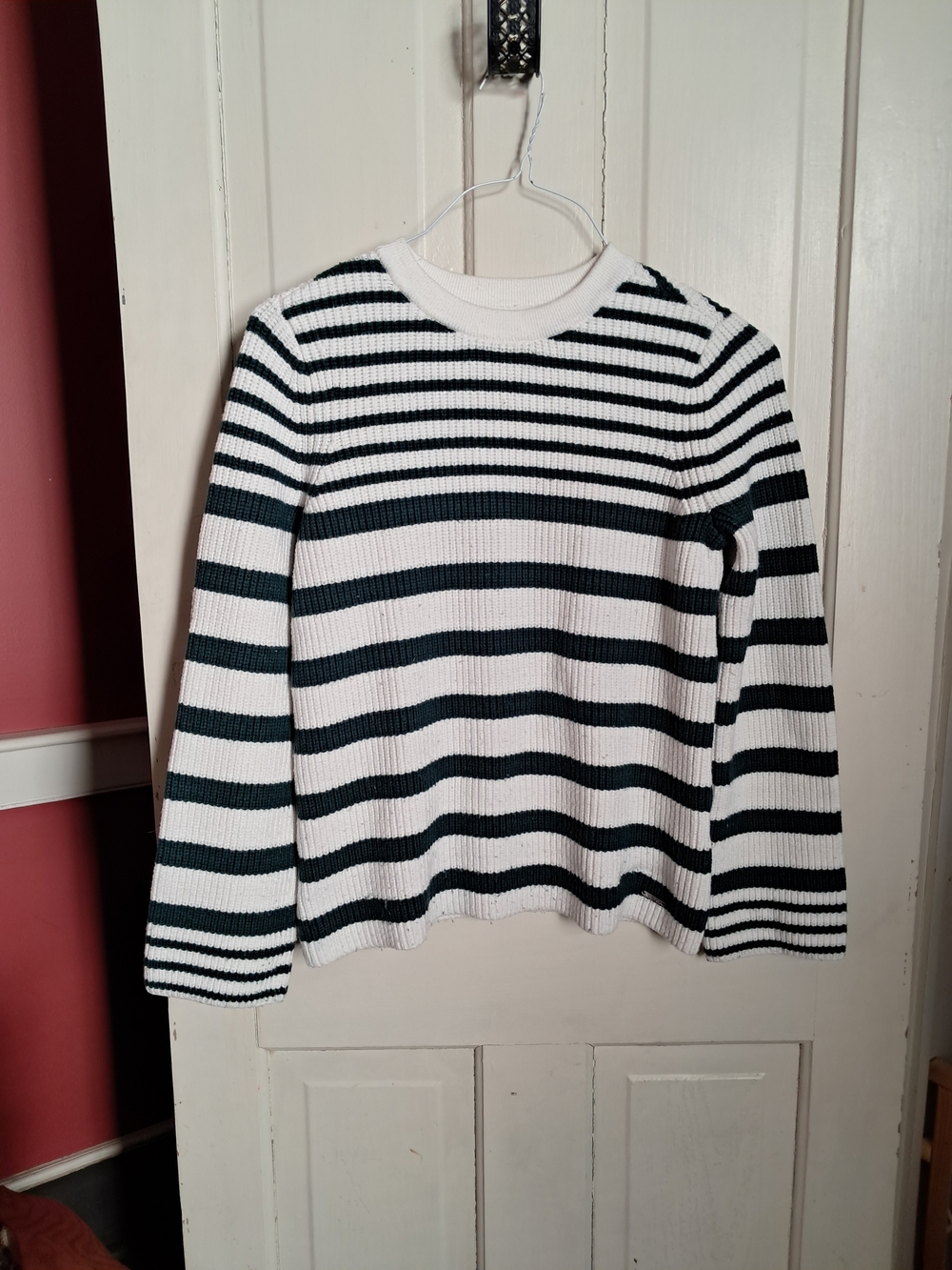 Nautica Dark Green and White Striped Crewneck Sweater